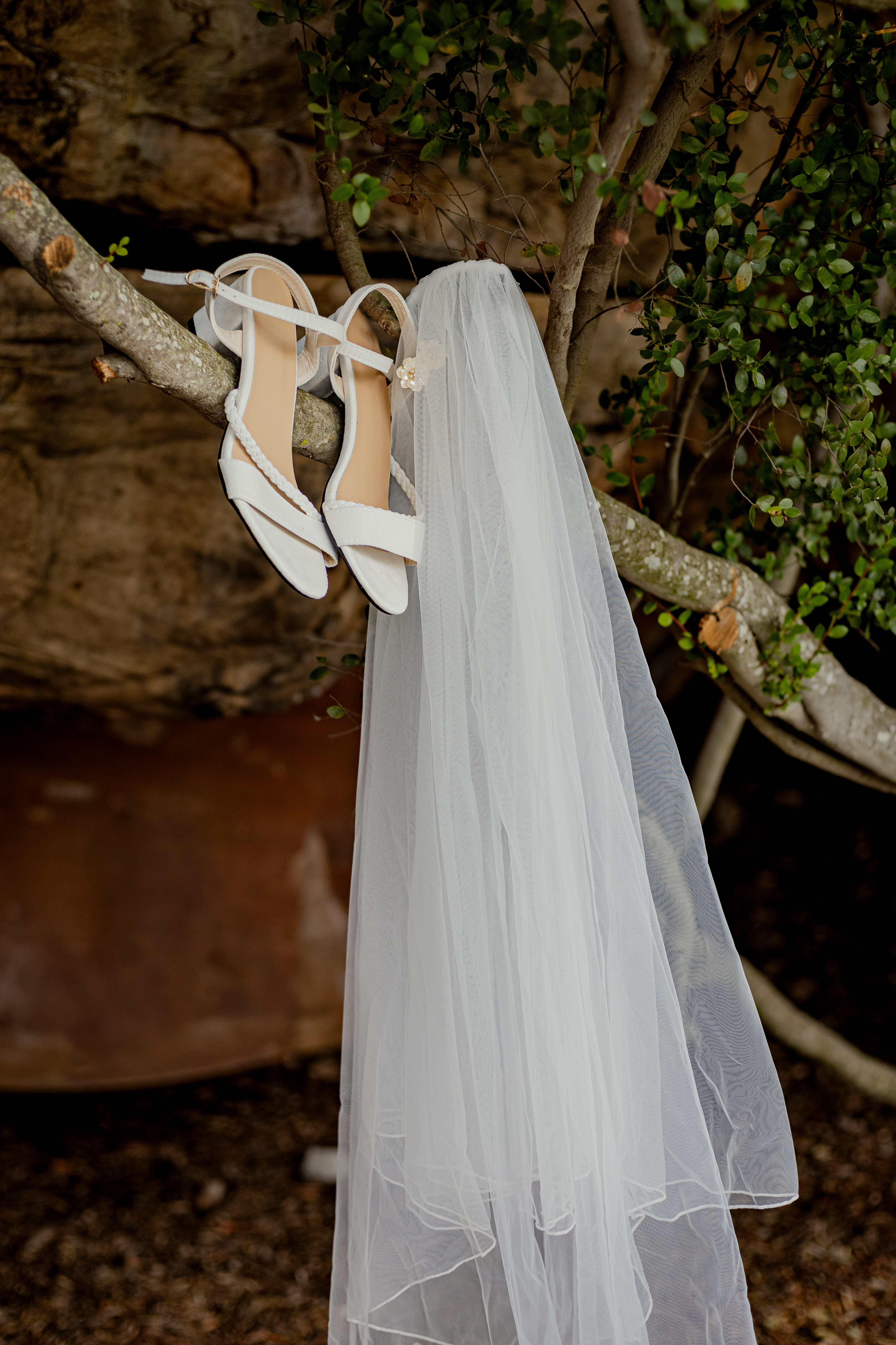 Wedding shoes and veil hanging from a branch